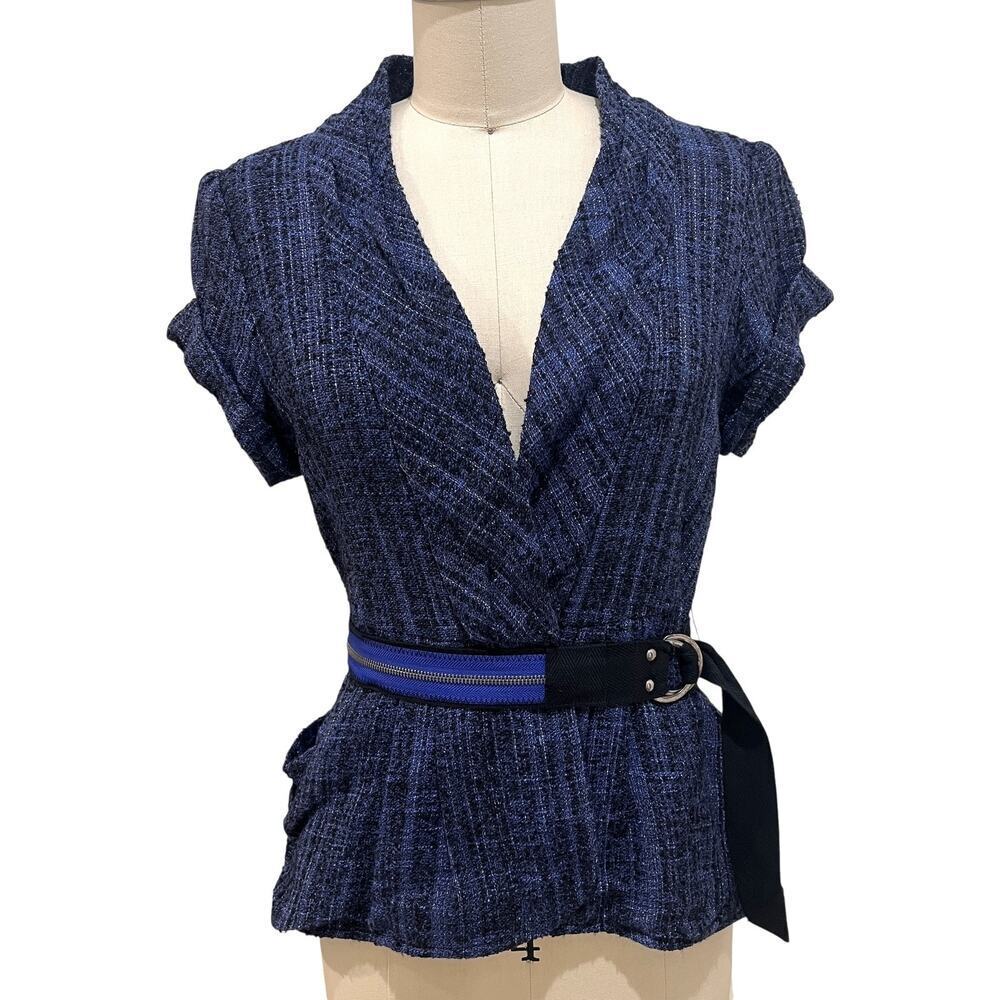 Nanette Lepore Jacket Womens 4 Blue Black Tweed Belted Short Sleeve
